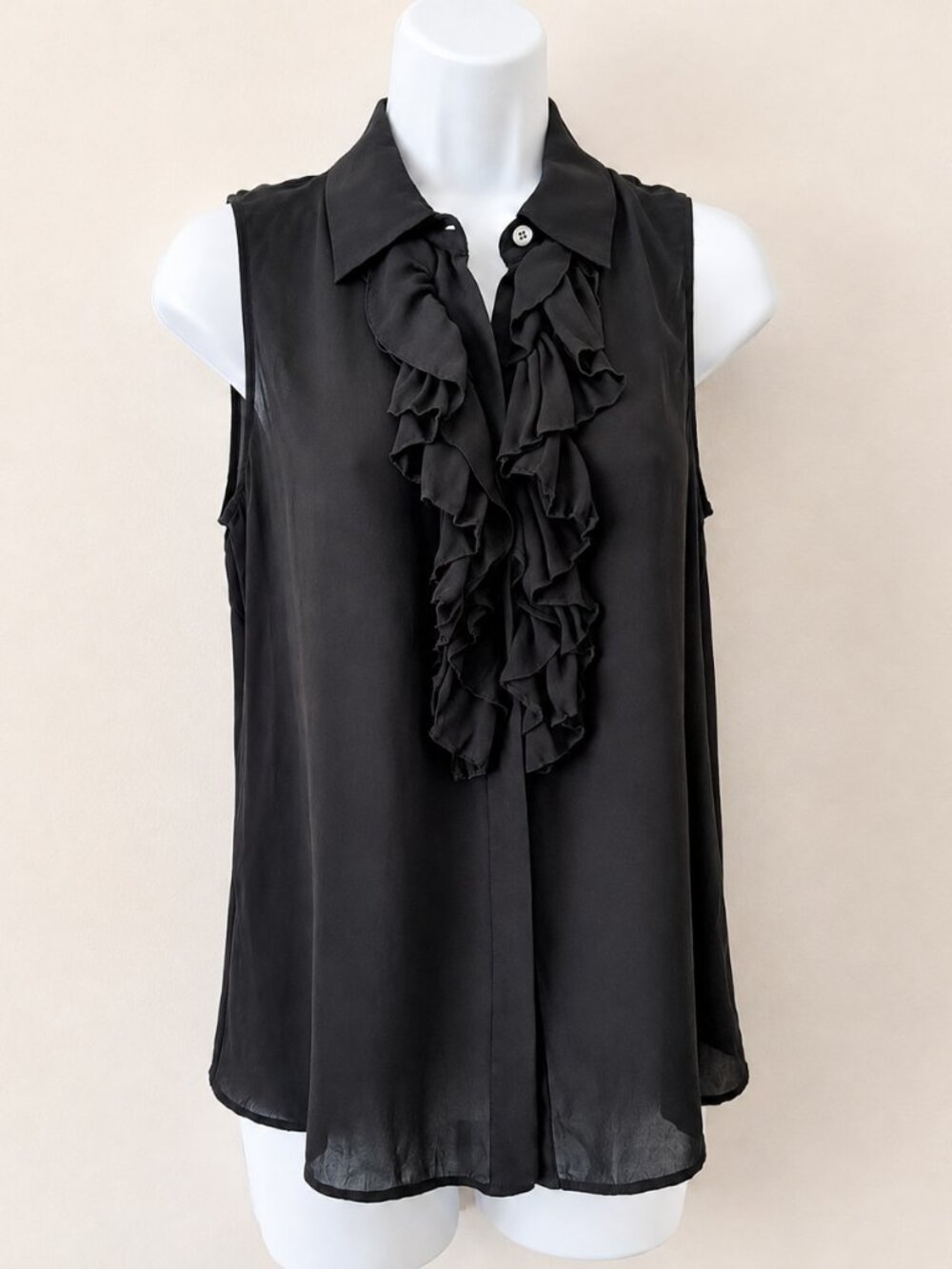 Theory Yeleni 100% silk semi-sheer black sleeveless ruffle blouse Sz S